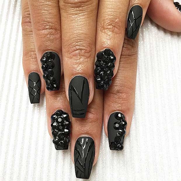 Matte Black Nails with Glossy Details