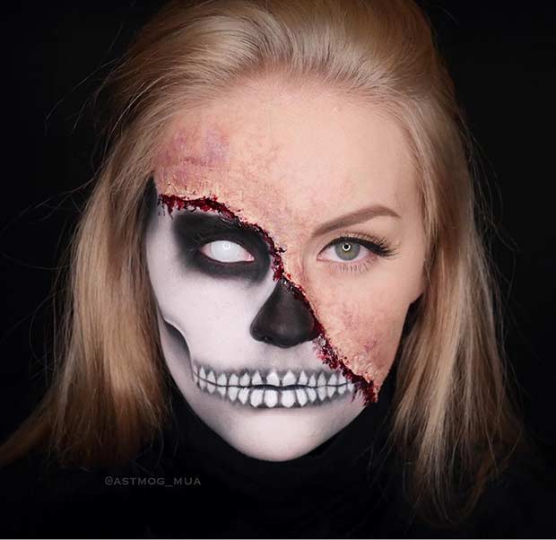 Scary Burned Half Face Skeleton Makeup for Halloween