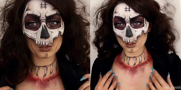 Half Face Skull Halloween Makeup Look