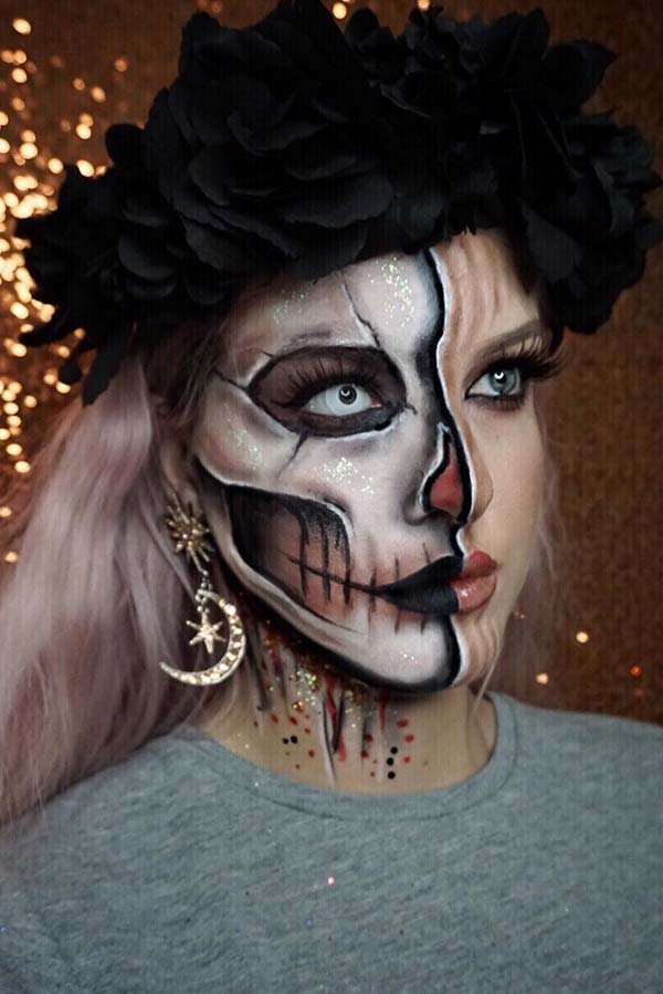 Amazing Half Skeleton Makeup Look