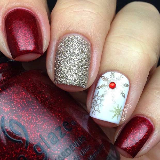 Red and Gold Snowflake Christmas Nails