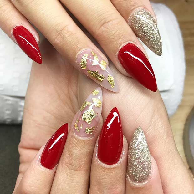 Red and Gold Glitter Stiletto Nails