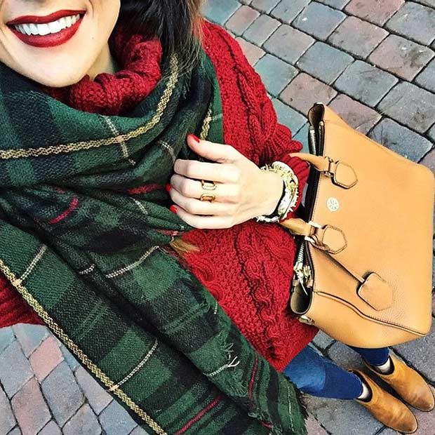 Red Sweater Tartan Scarf Christmas Outfit Idea