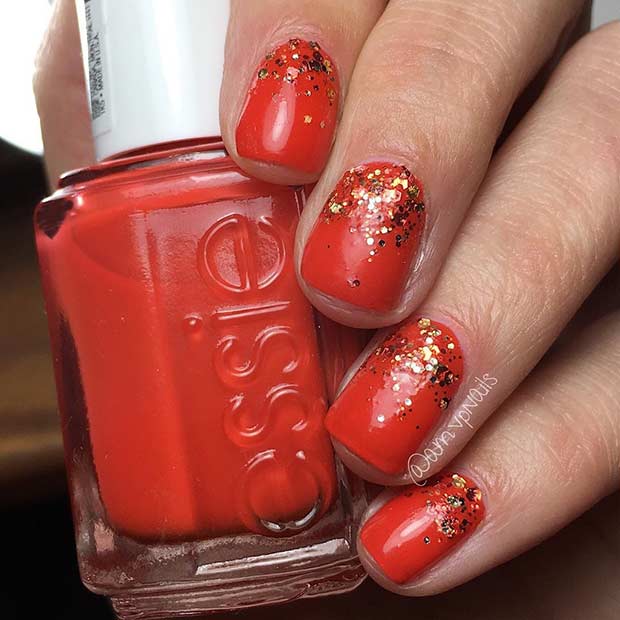 Red Ombre Glitter Nail Design for Short Nails