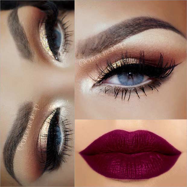 Gold Eyes and Purple Lips Christmas Makeup Idea