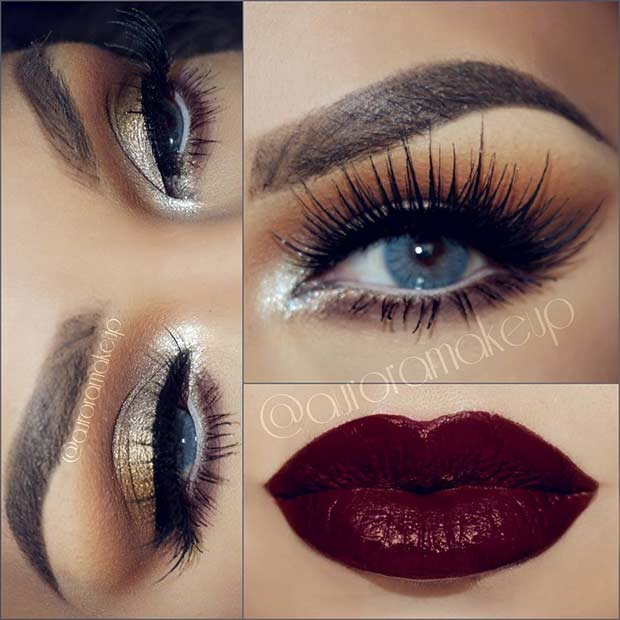 Gold Eyes and Dark Plum Lips Christmas Makeup