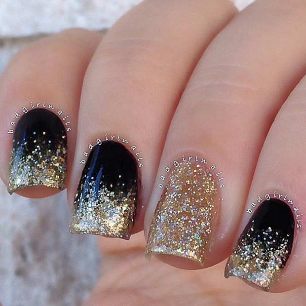 Easy Black and Gold Glitter Ombre Nails