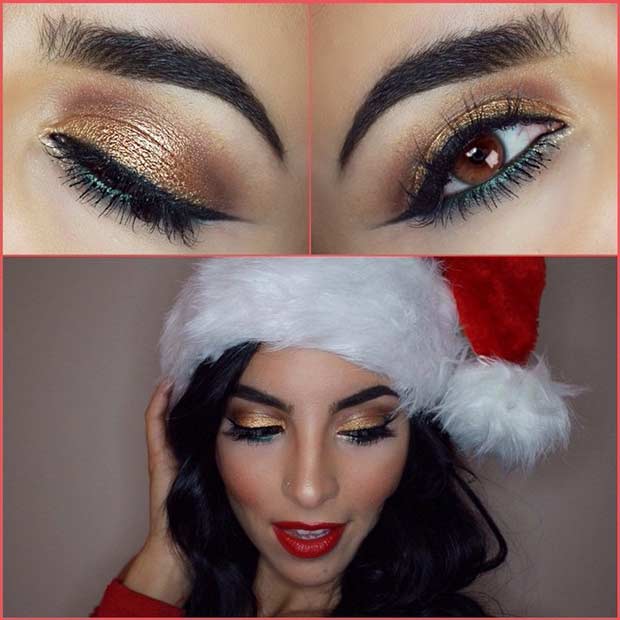 Idée de maquillage de Noël festive verte et dorée