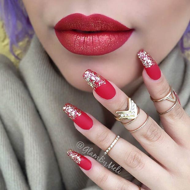 Matte Red and Gold Glitter Nail Art Design for Holidays