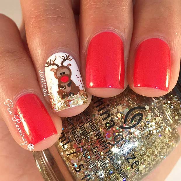 Cute Reindeer Christmas Nail Design for Short Nails