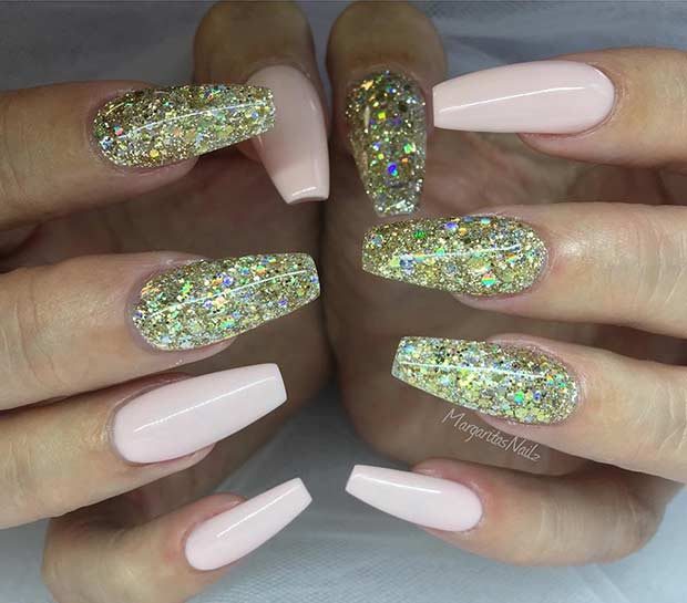 Light Pink and Gold Glitter Coffin Nails