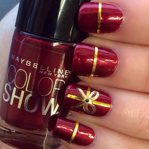 Red And Gold Christmas Present Nails