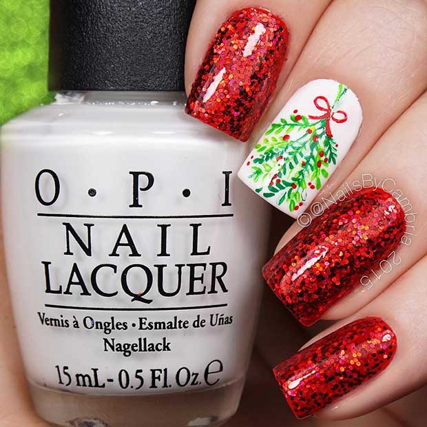 Red Mistletoe Christmas Nail Art Design