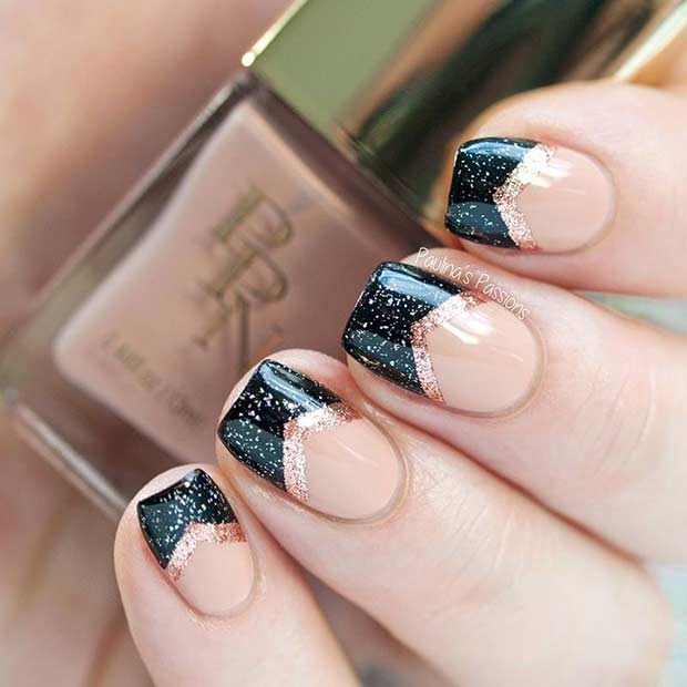 Black and Gold French Tip Nail Design