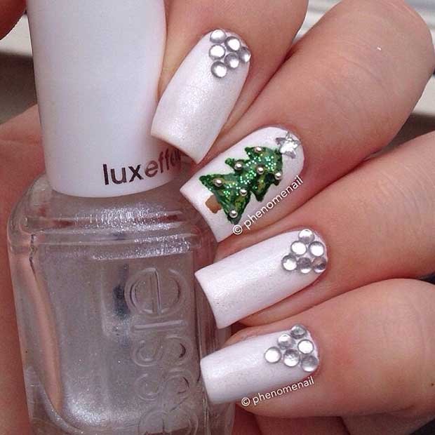 Simple Christmas Nails with Rhinestones