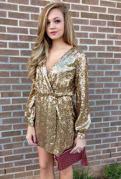 Short Gold Sequin Dress with Long Sleeves