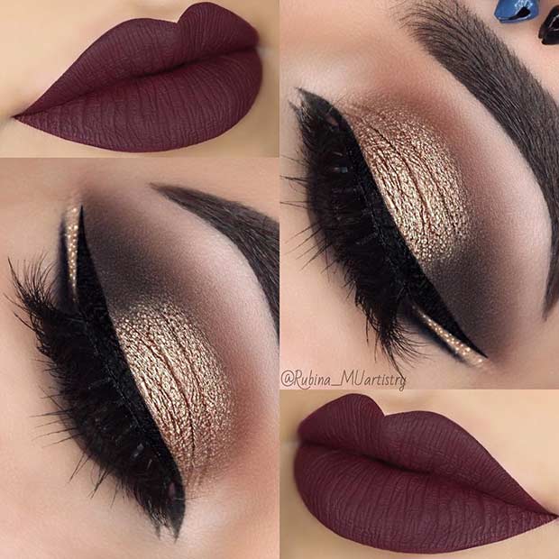 Gold Smokey Eye Dark Plum Lips Christmas Makeup