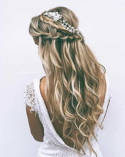 Simple Braided Half Up Wedding Hairstyle with Flowers