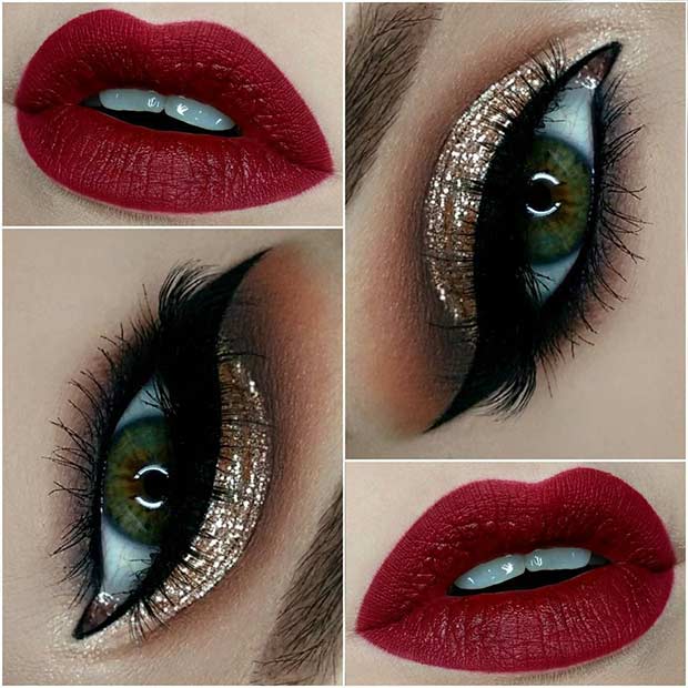 Maquillage de Noël aux yeux pailletés dorés et aux lèvres rouges