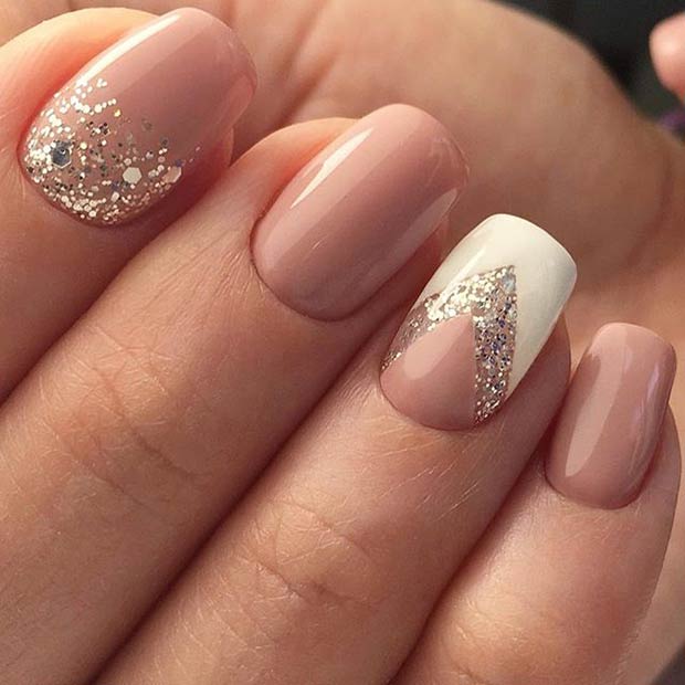 Sparkly Neutral and White Nail Art Design for Prom