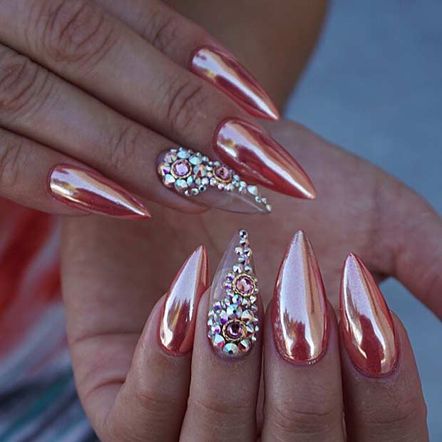 Metallic Stiletto Nail Art Design with Rhinestones