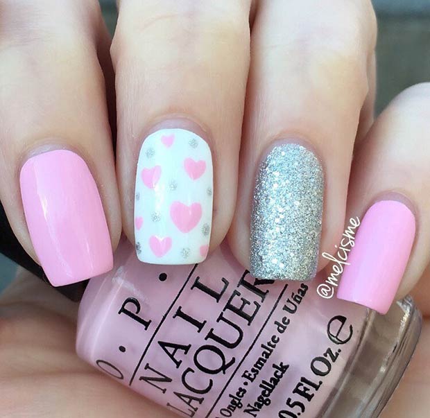 Simple Baby Pink and Silver Valentine's Day Nails