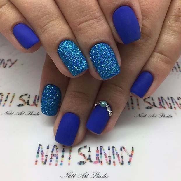 Matte Blue and Glitter Nail Art Design for Prom