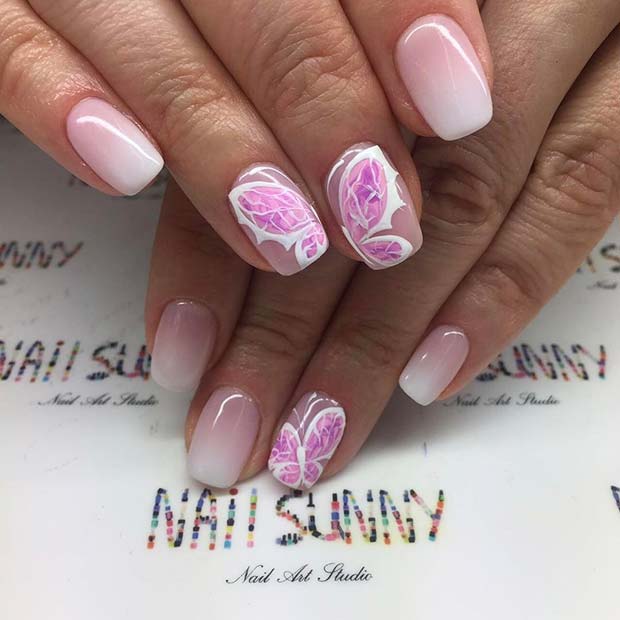 Pink and White Ombre Butterfly Nail Design for Prom