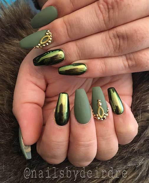 Matte Green and Metallic Nail Art Design