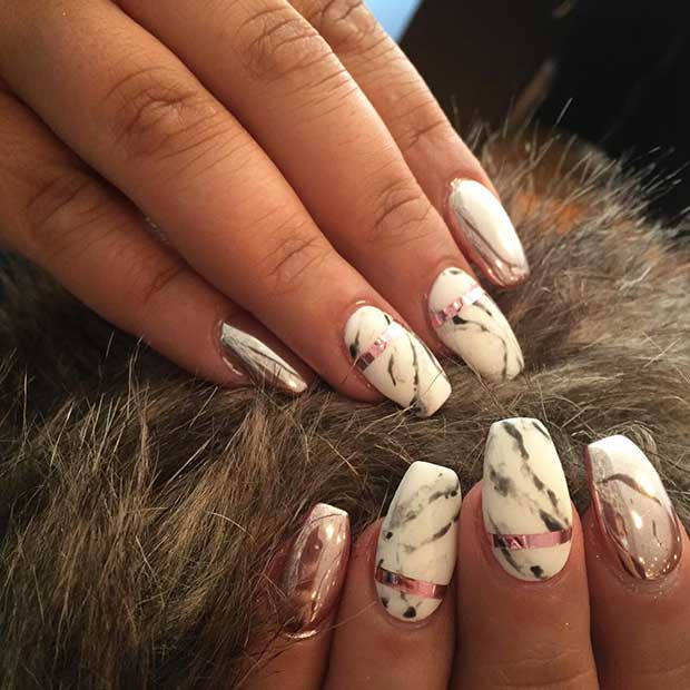 Marble Coffin Nails with Metallic Details