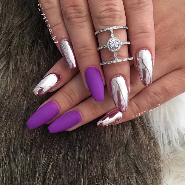 Matte Purple and Metallic Nail Art Design