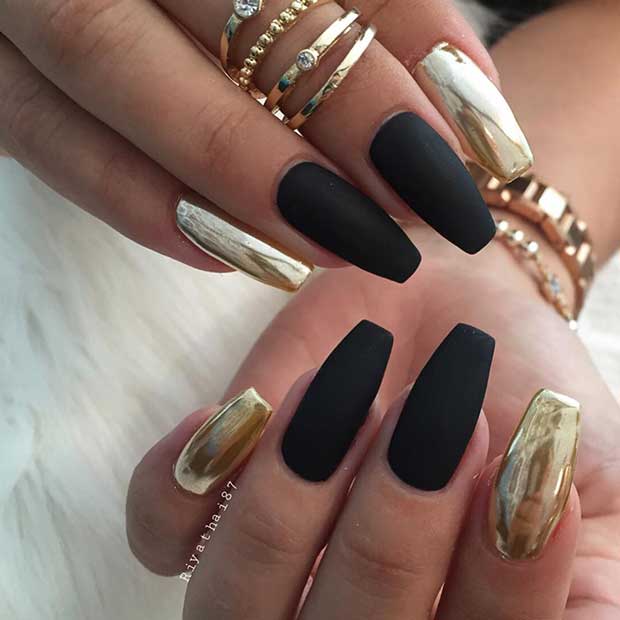 Matte Black and Gold Metallic Nail Art Design