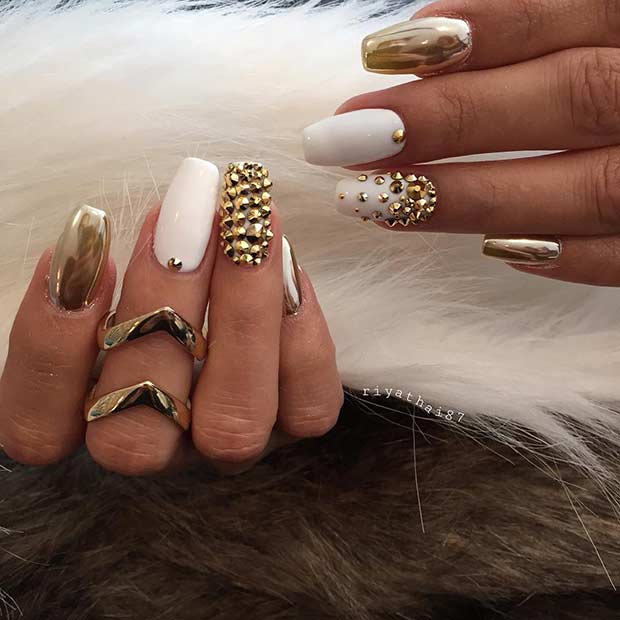 Matte White and Metallic Gold Nails