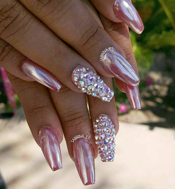 Pink Metallic Nails with Rhinestones