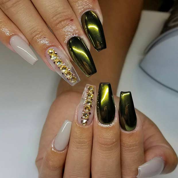 Green Gold Metallic Nail Art Design