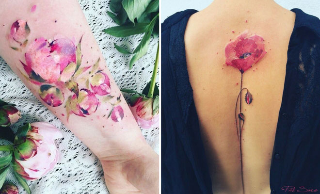 Watercolor Peony Flower Tattoo On Leg
