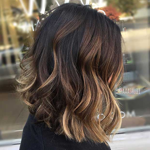 Curly Brunette Bob with Caramel and Blonde Highlights