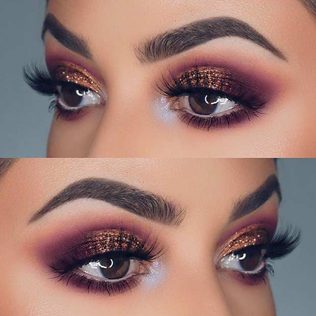 Purple and Bronze Glitter Eye Makeup Idea for Prom