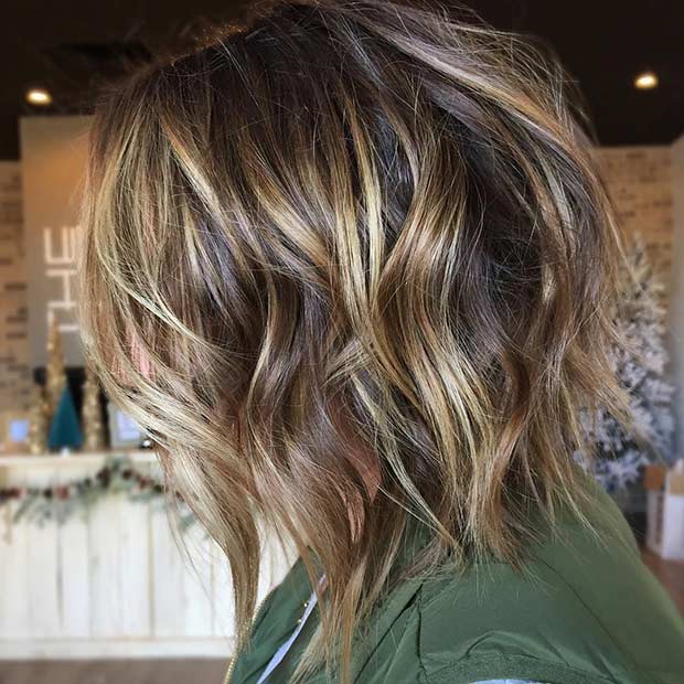 Brown Textured Bob with Gold Balayage Highlights