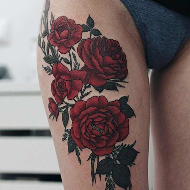 Red Roses Big Thigh Tattoo Idea for Women