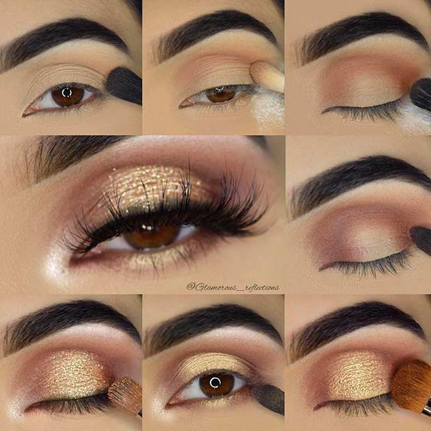 Gold Glitter Eye Makeup Tutorial for Brown Eyes