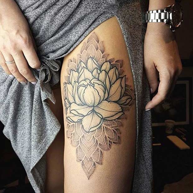 Lotus Flower Thigh Tattoo Idea for Women