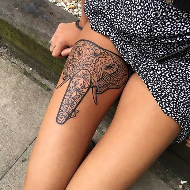 Upper Thigh Mandala Elephant Tattoo Idea