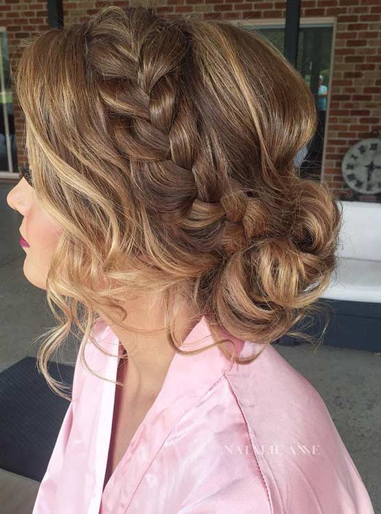 French Braid into a Messy Low Bun Prom Hair