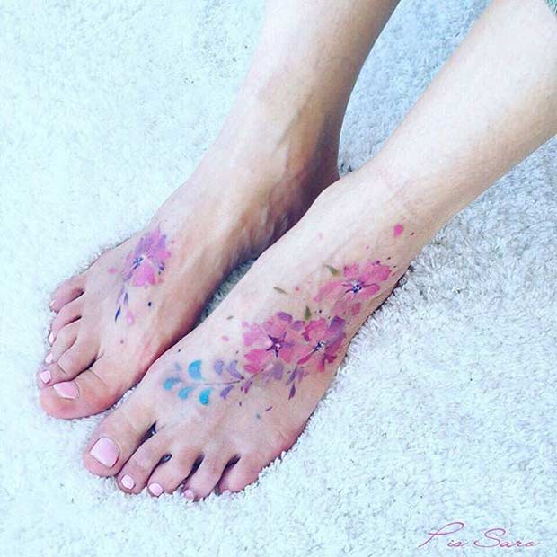 Watercolor Flower Foot Tattoo for Women