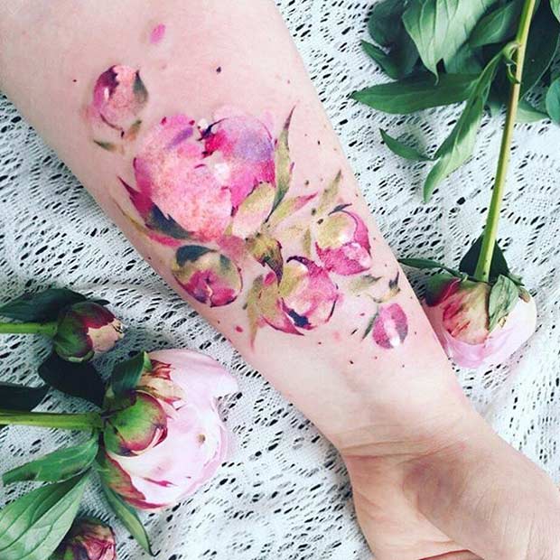 Peony Flower Watercolor Arm Tattoo Idea