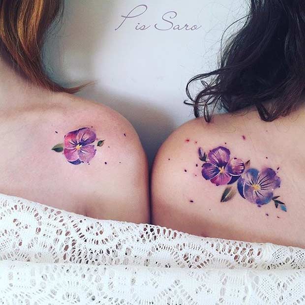Watercolor Flower Couple Tattoo For Friends