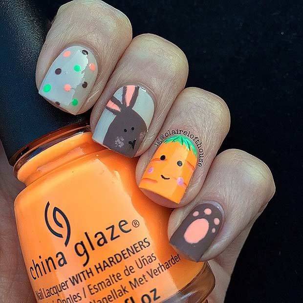 Bunny and Carrot Matte Easter Nail Design