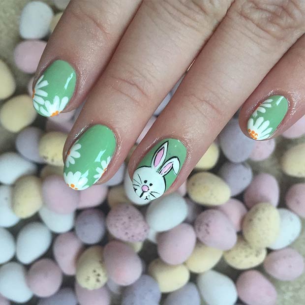 Green Rabbit and Flowers Easter Nail Art Design for Almond Nails