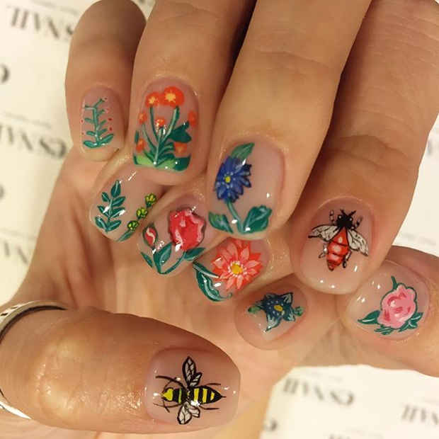 Botanical Inspired Nail Art with Plants, Flowers and Insects for Spring 2017